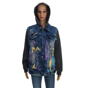 ENCRYPTED Splash Paint Denim & Jersey Sleeves Button Up Hooded Jeans Jacket